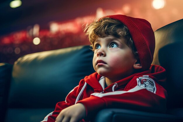 Un niño pequeño está viendo un partido de fútbol profesional en la televisión