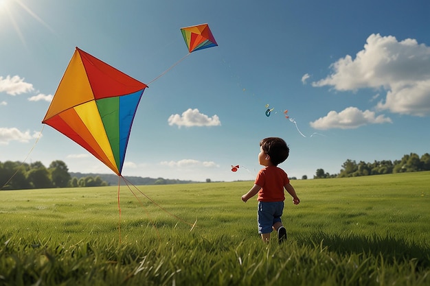 un niño pequeño está volando una cometa en un campo