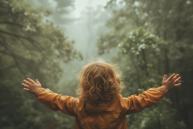 Foto un niño pequeño extendiendo los brazos amplios inhalando aire refrescante completamente en medio de un telón de fondo de aire limpio de árbol