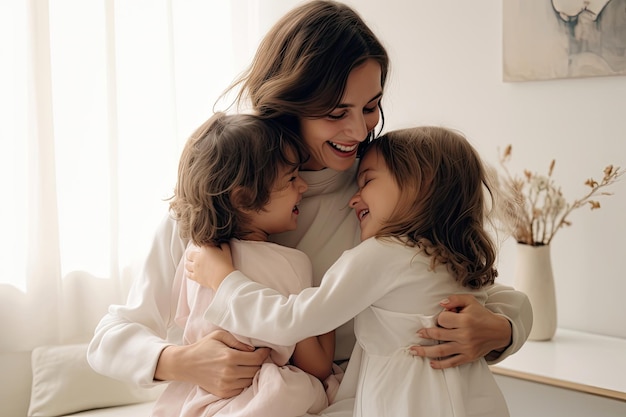 Un niño pequeño felicitando y abrazando a su madre en casa con una decoración minimalista en blanco