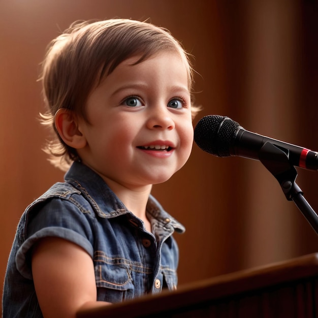 Niño pequeño feliz y confiado dando un discurso en una conferencia de prensa