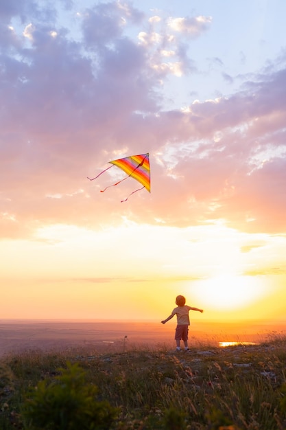 Niño pequeño feliz divirtiéndose con cometa en la naturaleza al atardecer