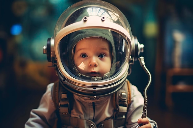 Un niño pequeño fingiendo ser un astronauta con un traje espacial