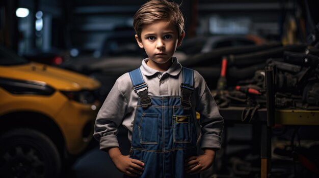 Foto un niño pequeño fingiendo ser un mecánico el concepto de los niños en la edad adulta