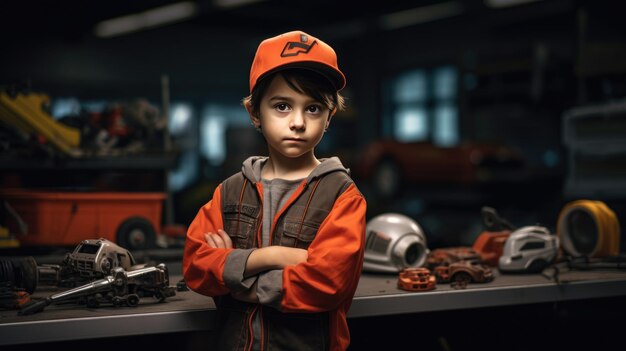 Foto un niño pequeño fingiendo ser un mecánico el concepto de los niños en la edad adulta