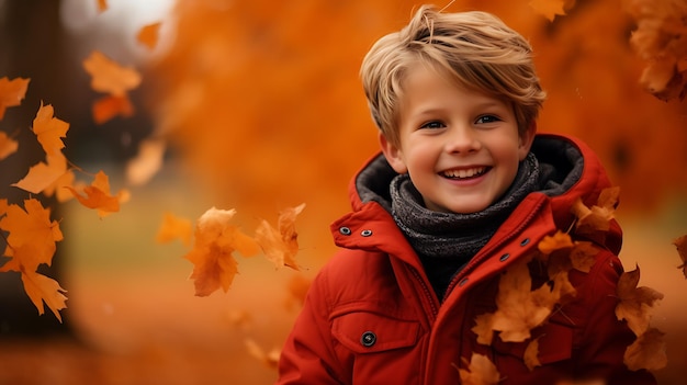 un niño pequeño con un fondo de otoño