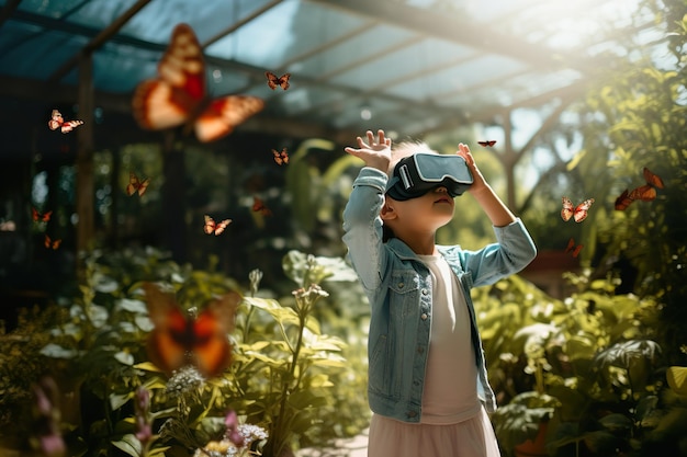 Niño pequeño con gafas vr explorando la naturaleza virtual digital con mariposas