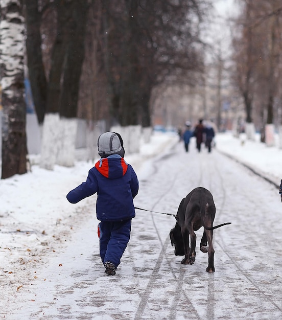 niño pequeño con una gran raza de perro negro