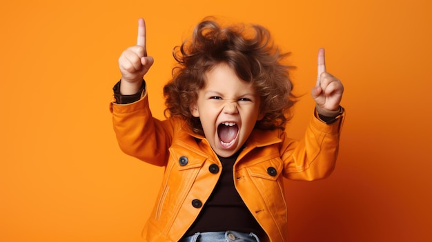 Un niño pequeño grita fuerte mientras levanta las manos en señal de victoria contra un fondo naranja brillante aislado