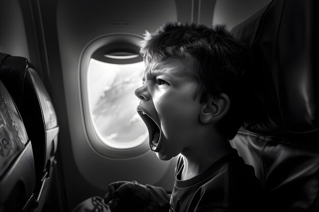 Foto niño pequeño gritando en un avión concepto viajando con niños experiencia de avión parenting challenges comportamiento del niño pequeño manejo de rabietas