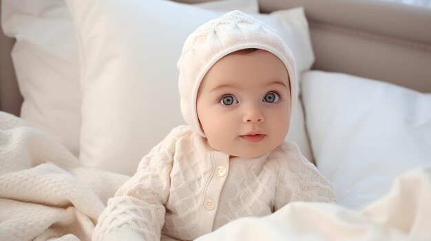 Niño pequeño y hermoso con ropa beige en la cama.