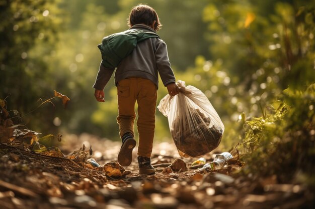 Foto niño pequeño irreconocible recogiendo basura al aire libre en el concepto de plogging de la naturaleza