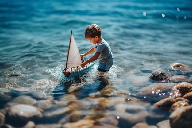 Un niño pequeño juega en la orilla de la playa con un modelo de un velero generado por Ai