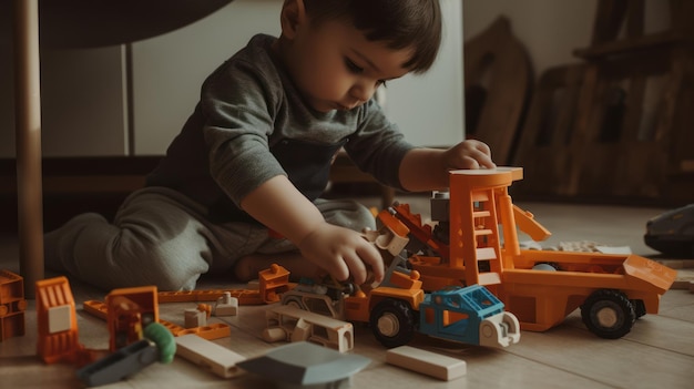 Un niño pequeño juega con un puente de juguete.