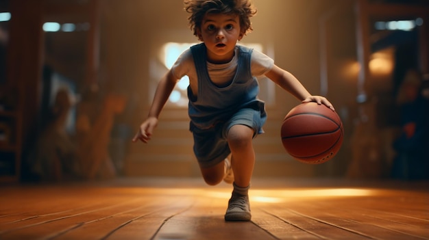 Foto niño pequeño jugando al baloncesto en el patio