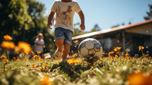 Niño pequeño jugando al fútbol en el campo con sus amigos en el fondo