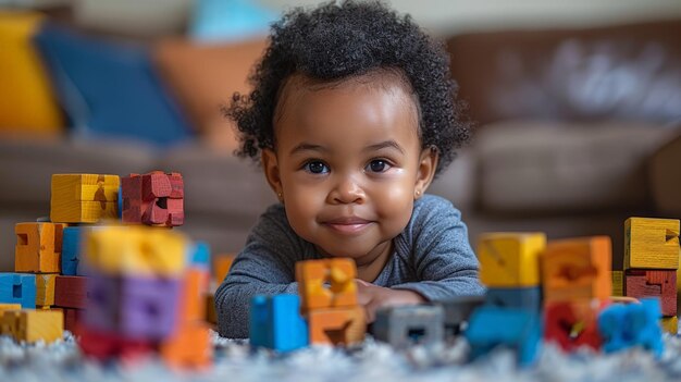 Niño pequeño jugando con bloques en el suelo