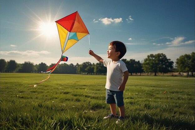 Foto un niño pequeño está jugando con una cometa en la hierba