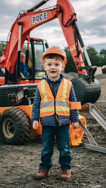 Niño pequeño jugando con equipos de construcción en blanco