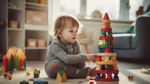 Niño pequeño jugando con juguetes Montessori