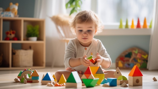 Niño pequeño jugando con juguetes Montessori