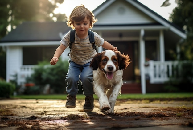 Un niño pequeño jugando con un perro frente a la casa.