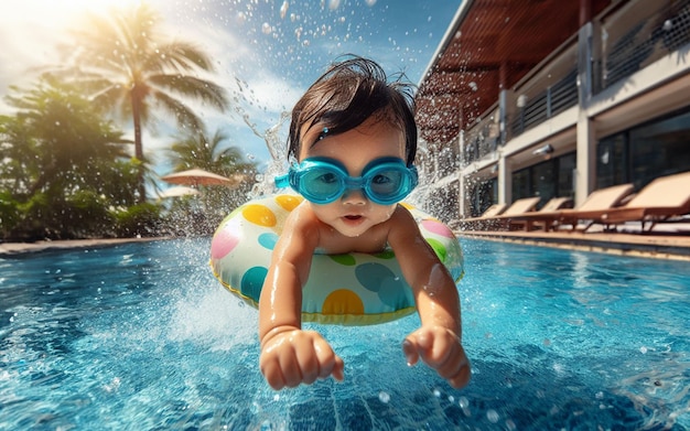 Niño pequeño jugando en la piscina El concepto de dar a luz en el agua