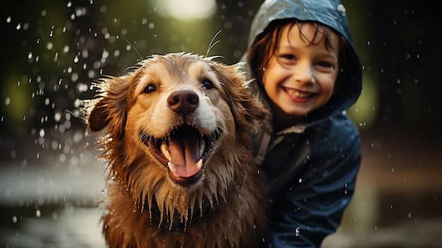 Niño pequeño jugando con su perro en la lluvia IA generativa