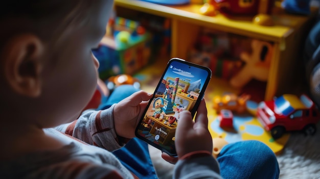 Foto niño pequeño jugando con sus coches de juguete favoritos y un teléfono inteligente en la sala de juegos