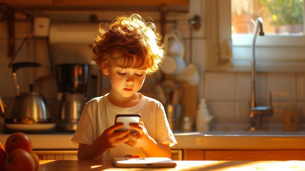Foto niño pequeño jugando con un teléfono celular en una cocina con una estufa en el fondo creando una escena acogedora y doméstica