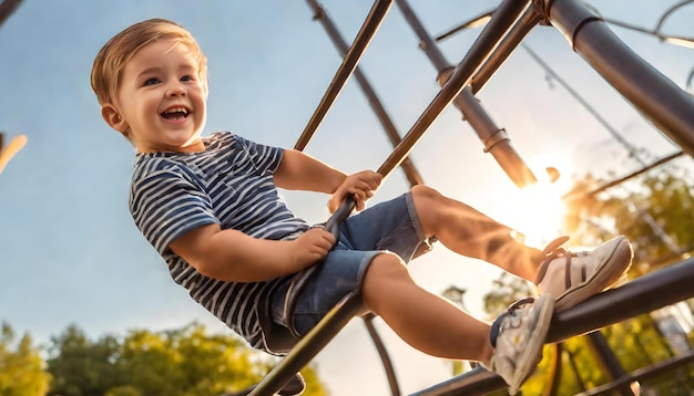 Foto un niño pequeño está jugando en un tobogán con el sol detrás de él