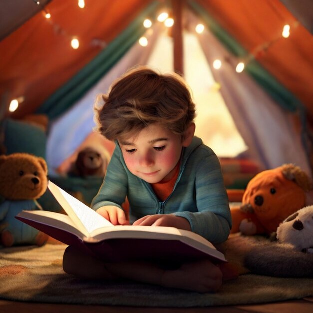 Foto un niño pequeño está leyendo un libro en una tienda