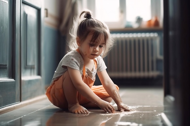 Un niño pequeño limpia el suelo en casa pone las cosas en orden