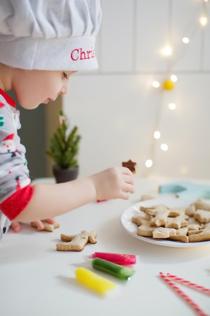 Un niño pequeño y lindo decora las galletas navideñas con un colorido glaseado en una mesa blanca cerca del árbol de Navidad con luces Concepto de cocina navideña