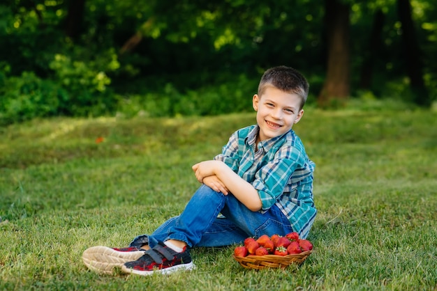 Un niño pequeño y lindo está sentado con una caja grande de fresas maduras y deliciosas.