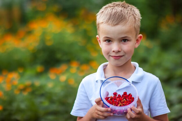 Niño pequeño lindo que sostiene el tazón de fuente con las fresas