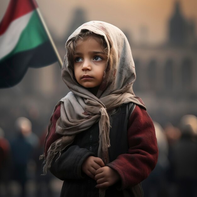 Un niño pequeño llorando tristemente mientras lleva una bandera palestina entre la ciudad palestina