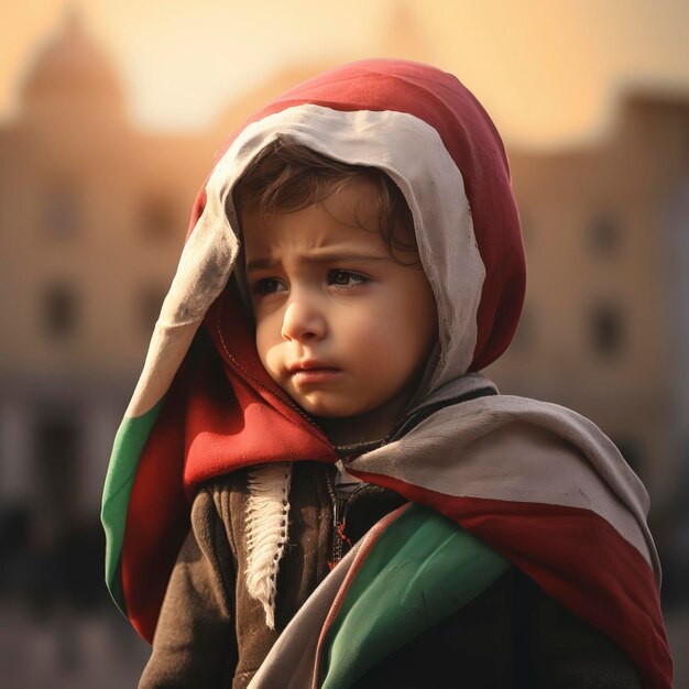 Un niño pequeño llorando tristemente mientras lleva una bandera palestina entre la ciudad palestina