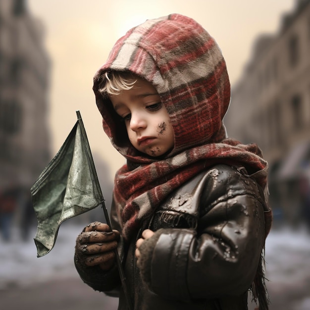 Foto un niño pequeño llorando tristemente mientras lleva una bandera palestina entre la ciudad palestina