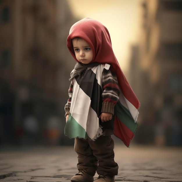 Foto un niño pequeño llorando tristemente mientras lleva una bandera palestina entre la ciudad palestina