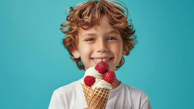 Niño pequeño mirando fijamente a la cámara mientras sostiene cucharas de helado de vainilla y fresa en conos de waffle contra un telón de fondo azul IA generativa