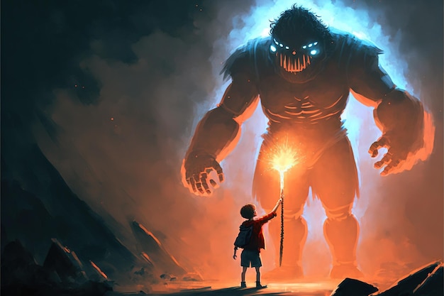 Niño pequeño mirando un monstruo gigante hecho de fuego Un niño de pie y sosteniendo una antorcha frente a una pintura de ilustración de estilo de arte digital gigante en llamas