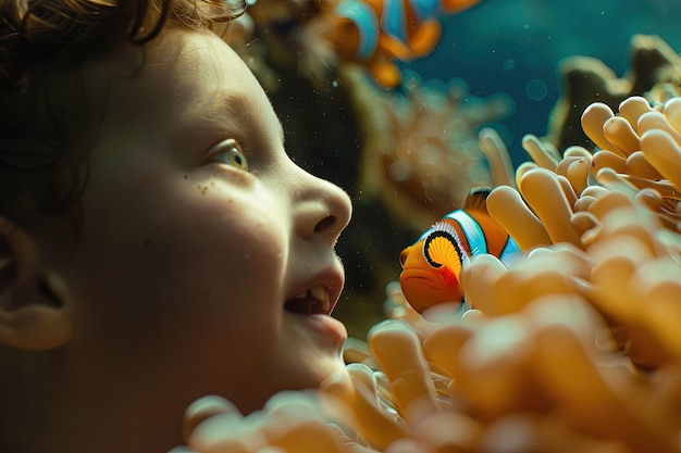 Un niño pequeño mirando a un pez payaso