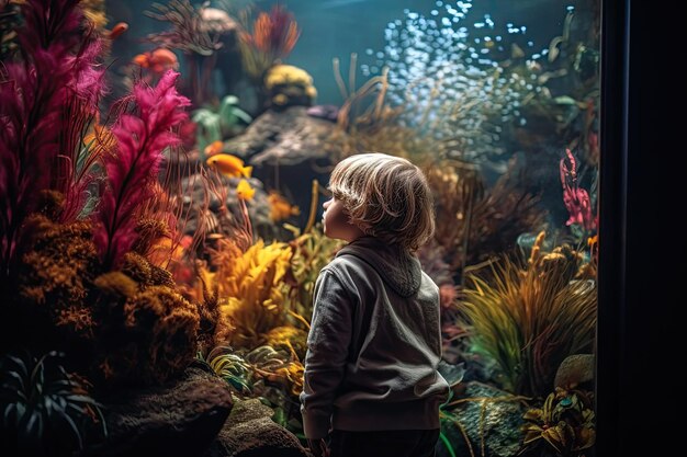 Un niño pequeño mirando un tanque de peces Generativo Ai