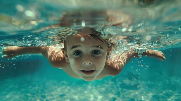 un niño pequeño nadando en una piscina con una sonrisa en la cara