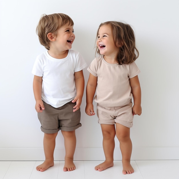 Niño pequeño y niña pequeña de pie y riendo juntos con pantalones cortos y camisetas