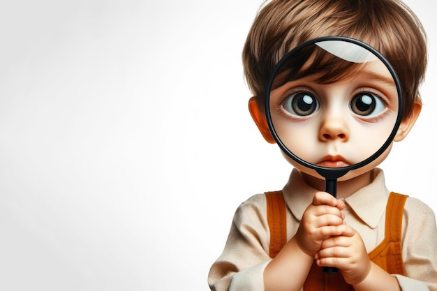 Foto un niño pequeño con ojos enormes explora con lupa contra un fondo blanco sólido ai generativo