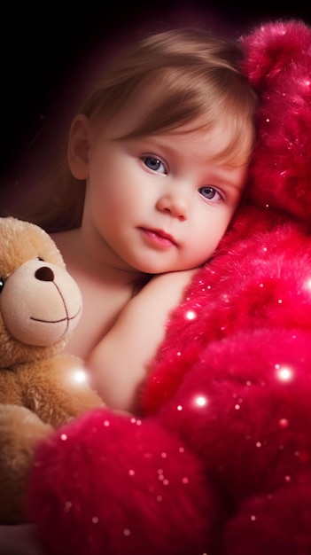 Un niño pequeño con un oso de peluche rojo.