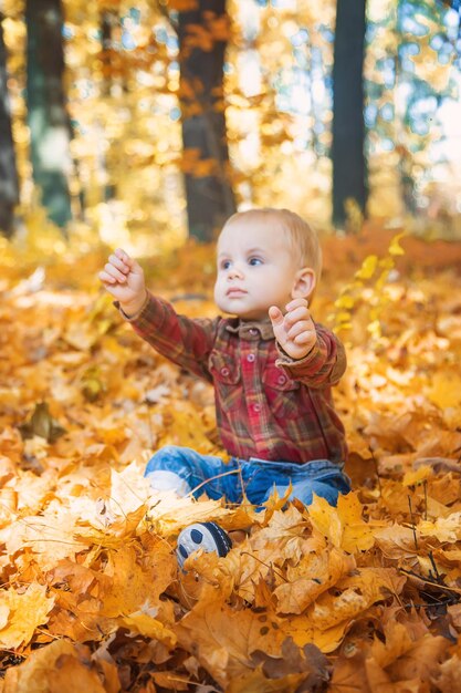 Niño pequeño en el parque en hojas de otoño Enfoque selectivo