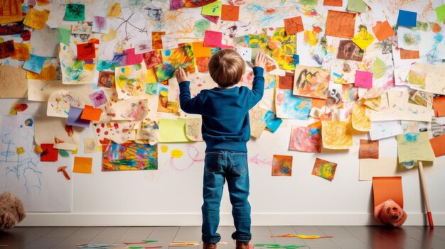 Foto niño pequeño pegando su pintura en la pared llena de otros niños pintando vista trasera